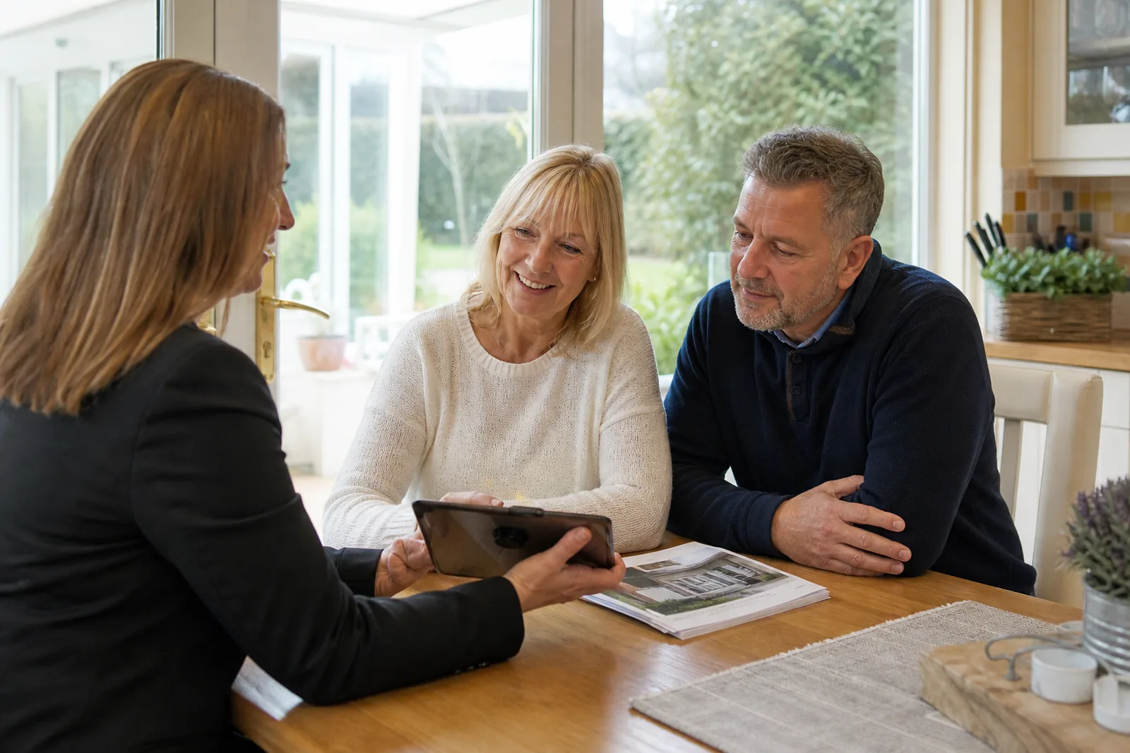 A couple and an adviser working out how to pay for a conservatory roof