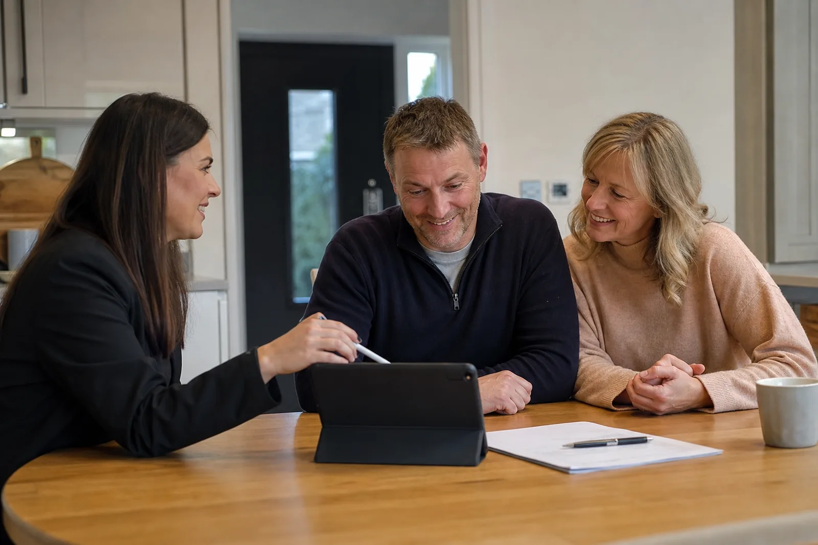 An adviser and two customers going over payment figures at a kitchen table