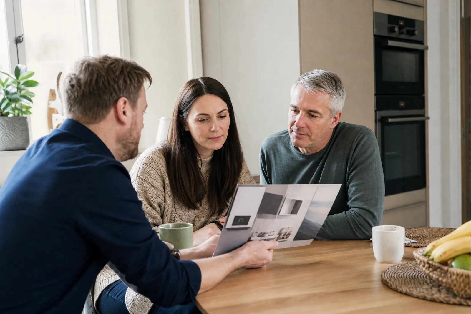 An adviser and a couple at a kitchen table with heating brochures between them