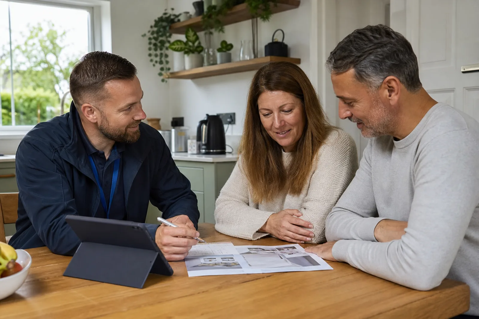 A couple going through payment options with an adviser and a tablet