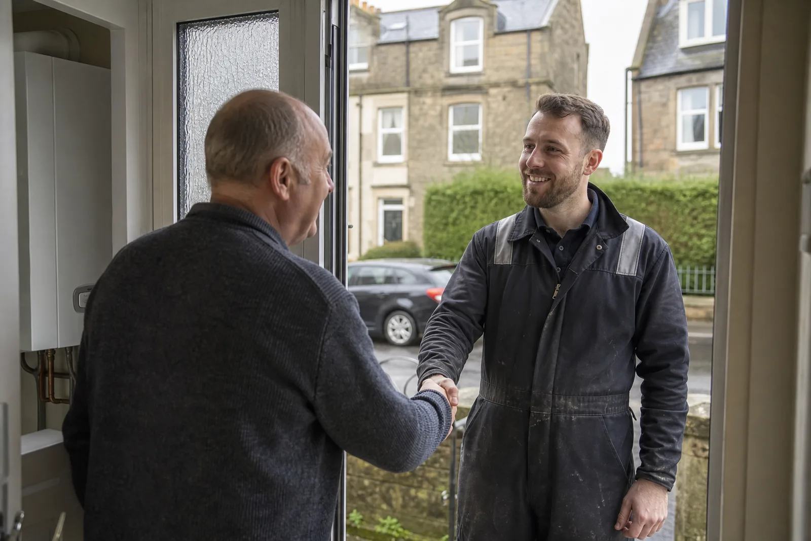 An engineer and a customer shaking hands beside the front door