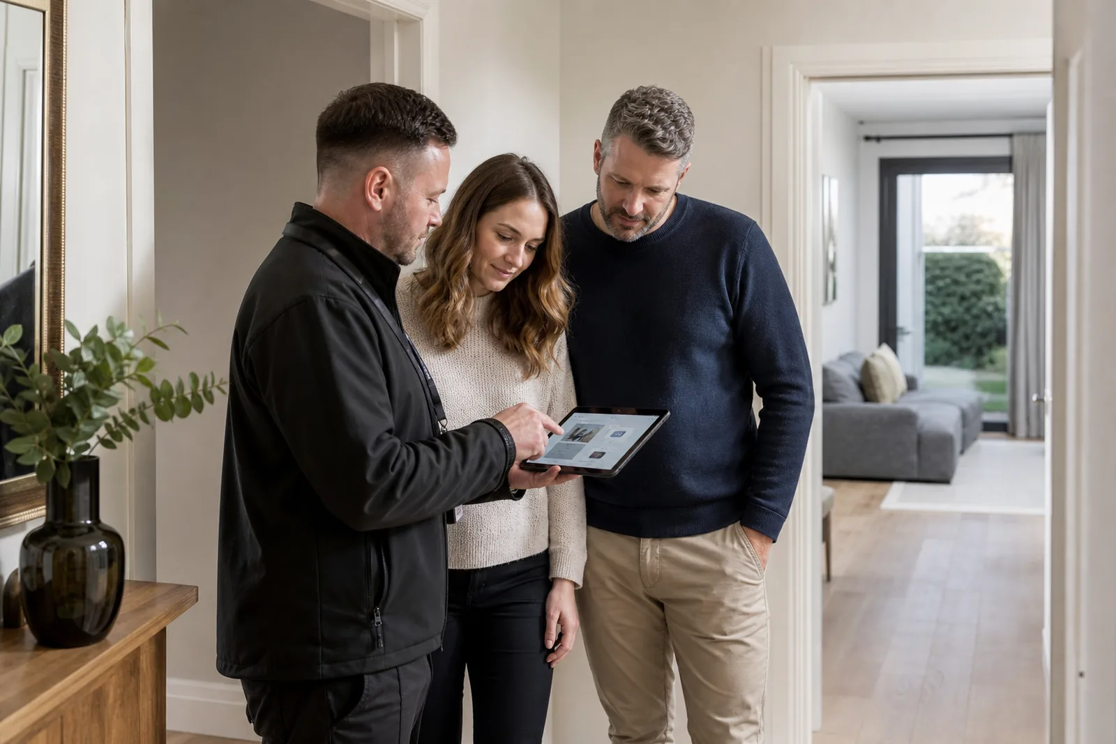 An adviser going through alarm system options with a couple at home
