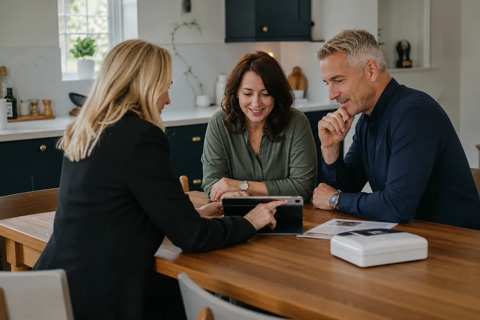 A couple agreeing alarm system finance with an adviser at their kitchen table