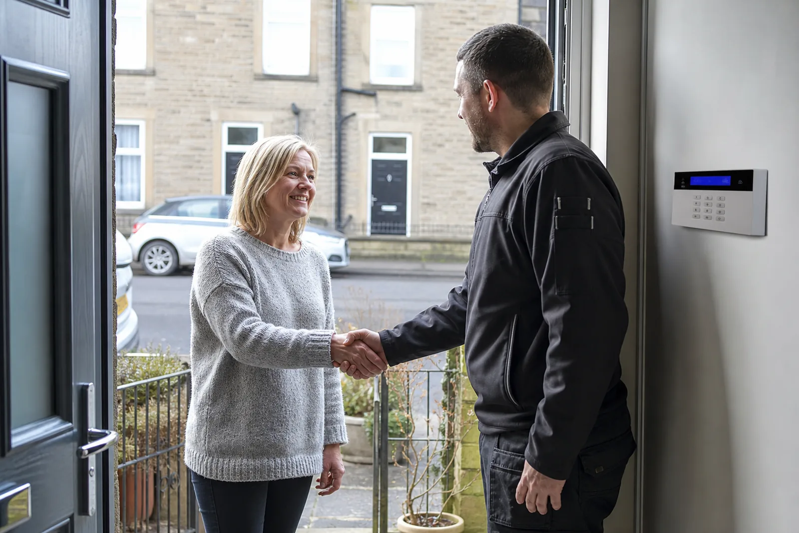 A homeowner and a fitter shaking hands at the door